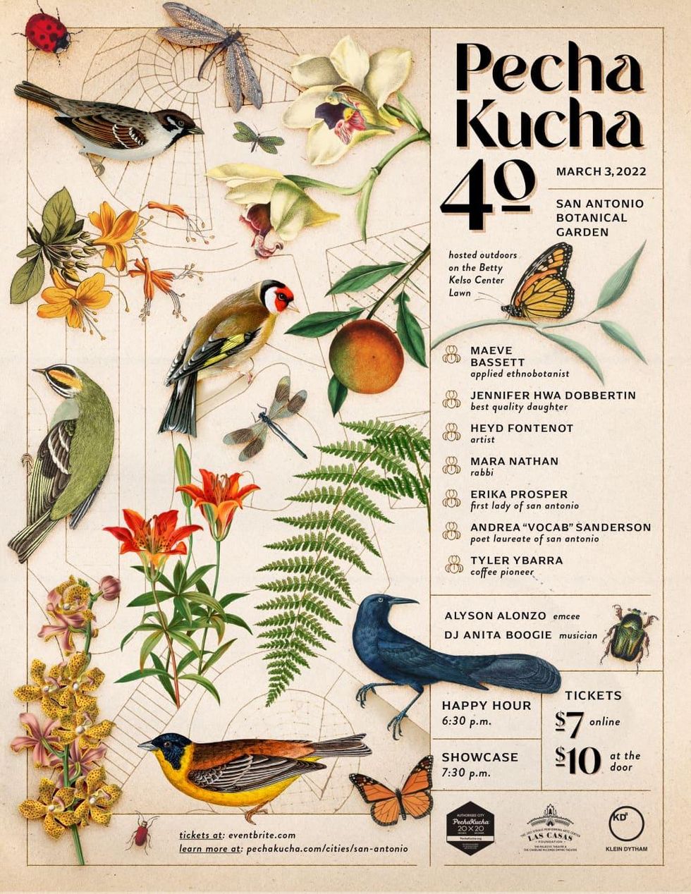A flyer for PechaKucha Night at the San Antonio Botanical Garden.