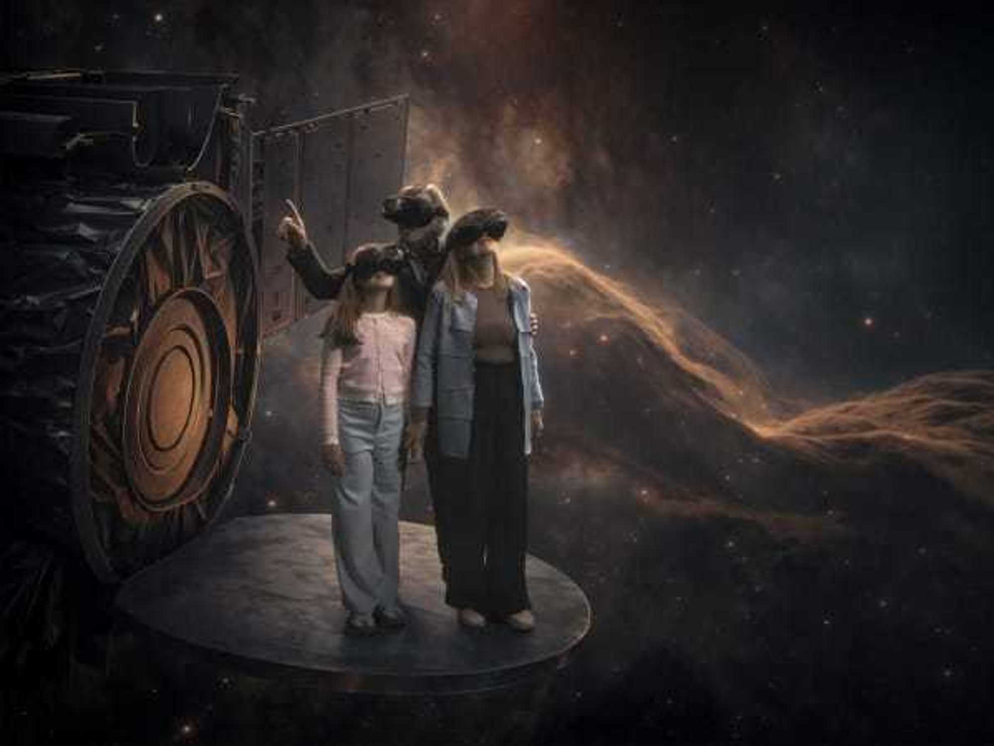 A fmaily of three us virtual reality at Smithsonian Starstruck.