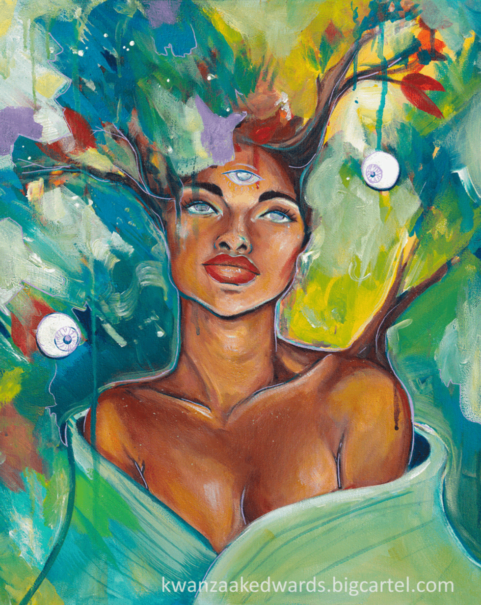 A painting of a Black woman with branches growing out of her head and an open third eye looks serene in front of an explosion of color.