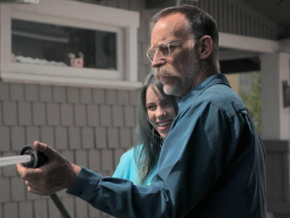Billie Eilish and her dad Patrick O'Connell in Billie Eilish: The World's a Little Blurry