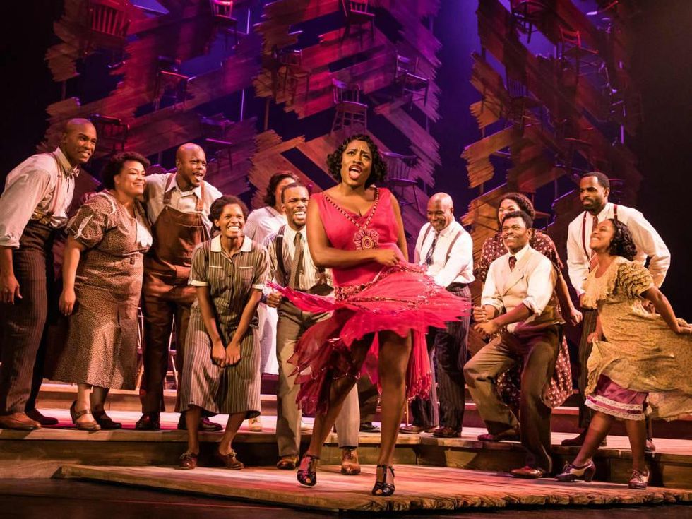 Carla R. Stewart (Shug Avery) and Adrianna Hicks (Celie) and the North American tour cast of The Color Purple