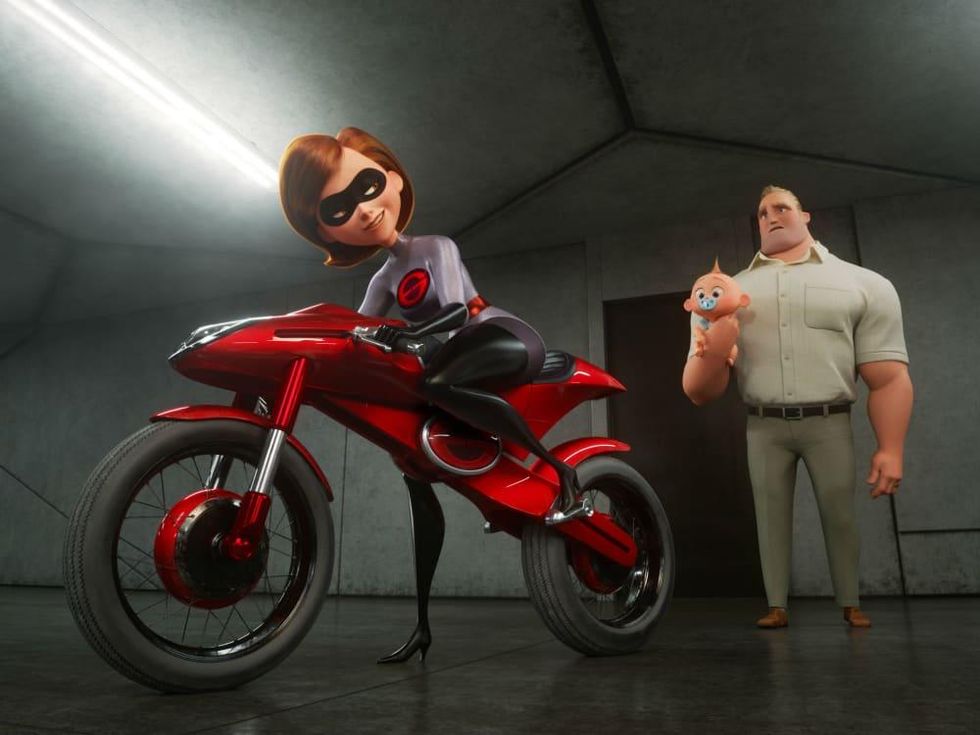 Elastigirl, Jack-Jack, and Mr. Incredible in Incredibles 2