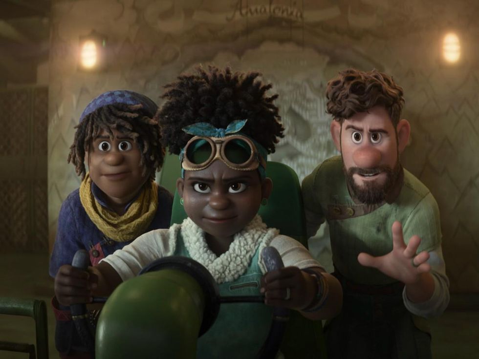 Ethan (Jaboukie Young-White), Meridian (Gabrielle Union), and Searcher Clade (Jake Gyllenhaal) in Strange World