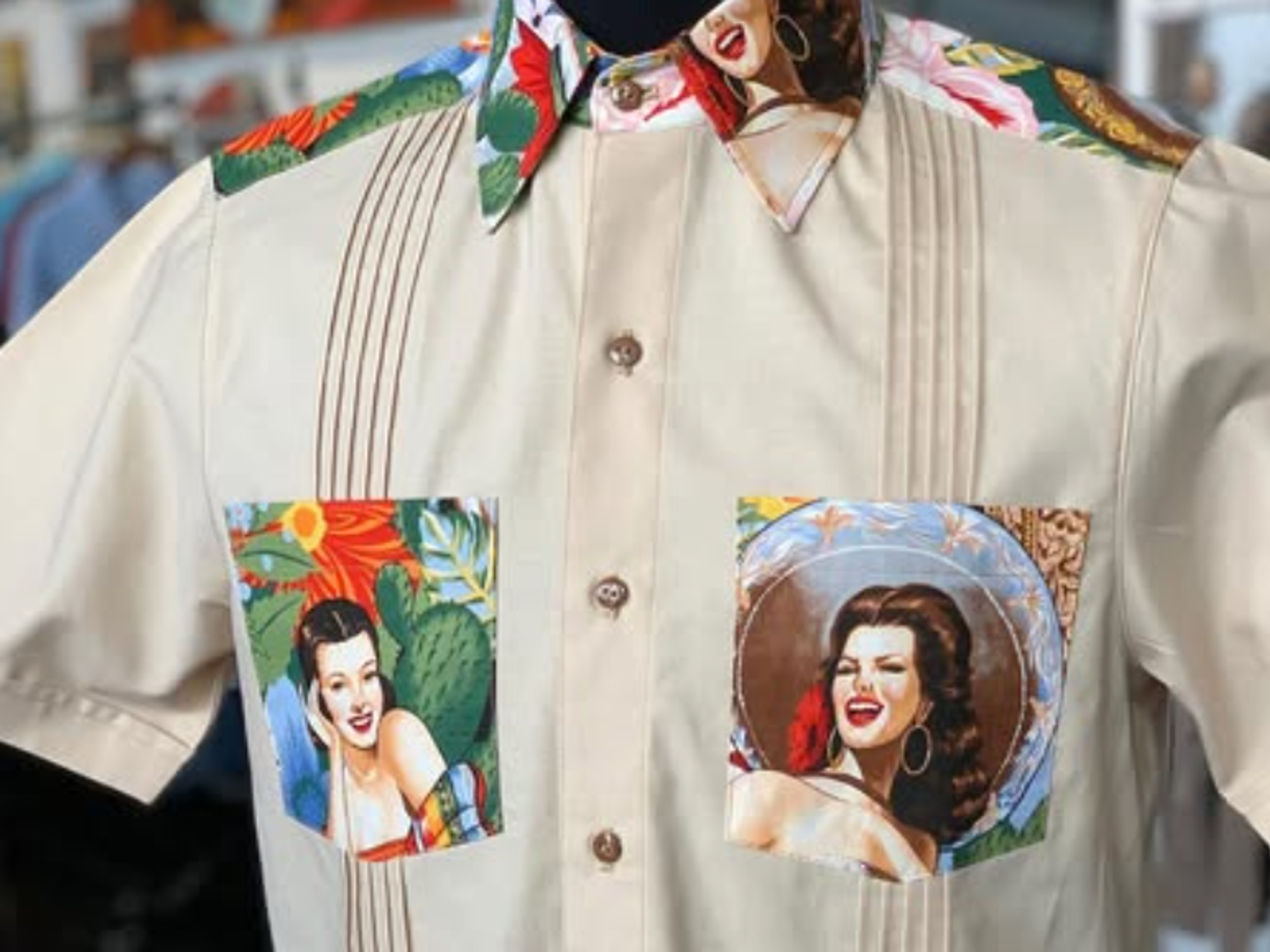 Guayabera with pin-up portraits on pockets by Divide and Conquer Denim & Leather