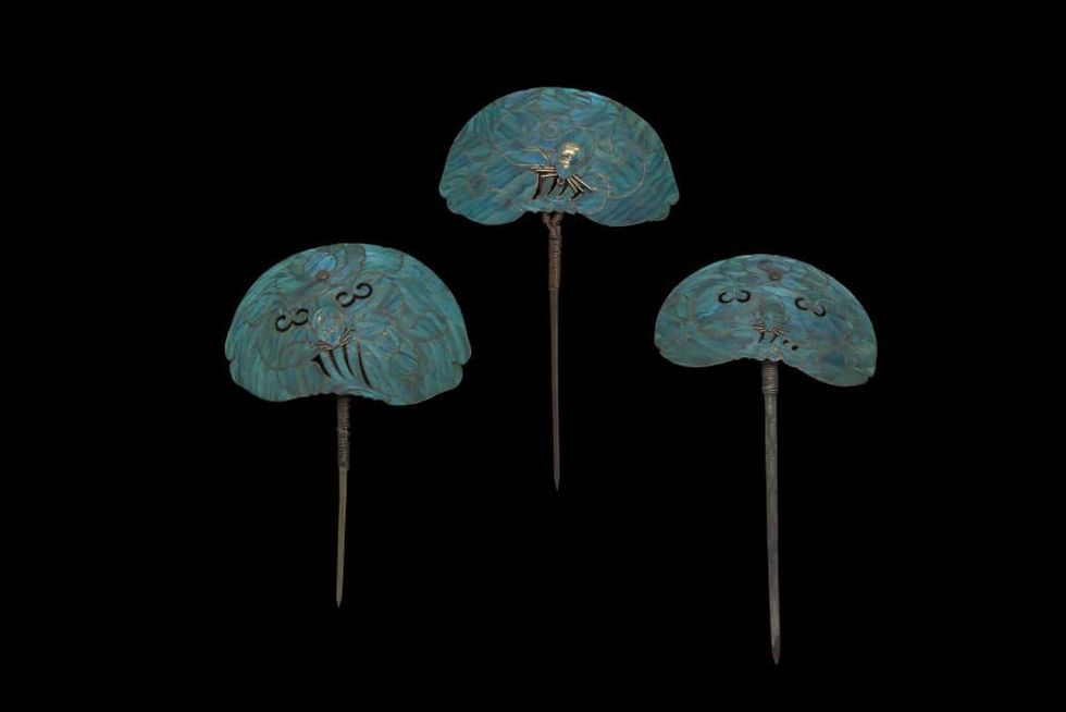 Hairpins, China, Qing dynasty (1644-1911) Silver and kingfisher feather