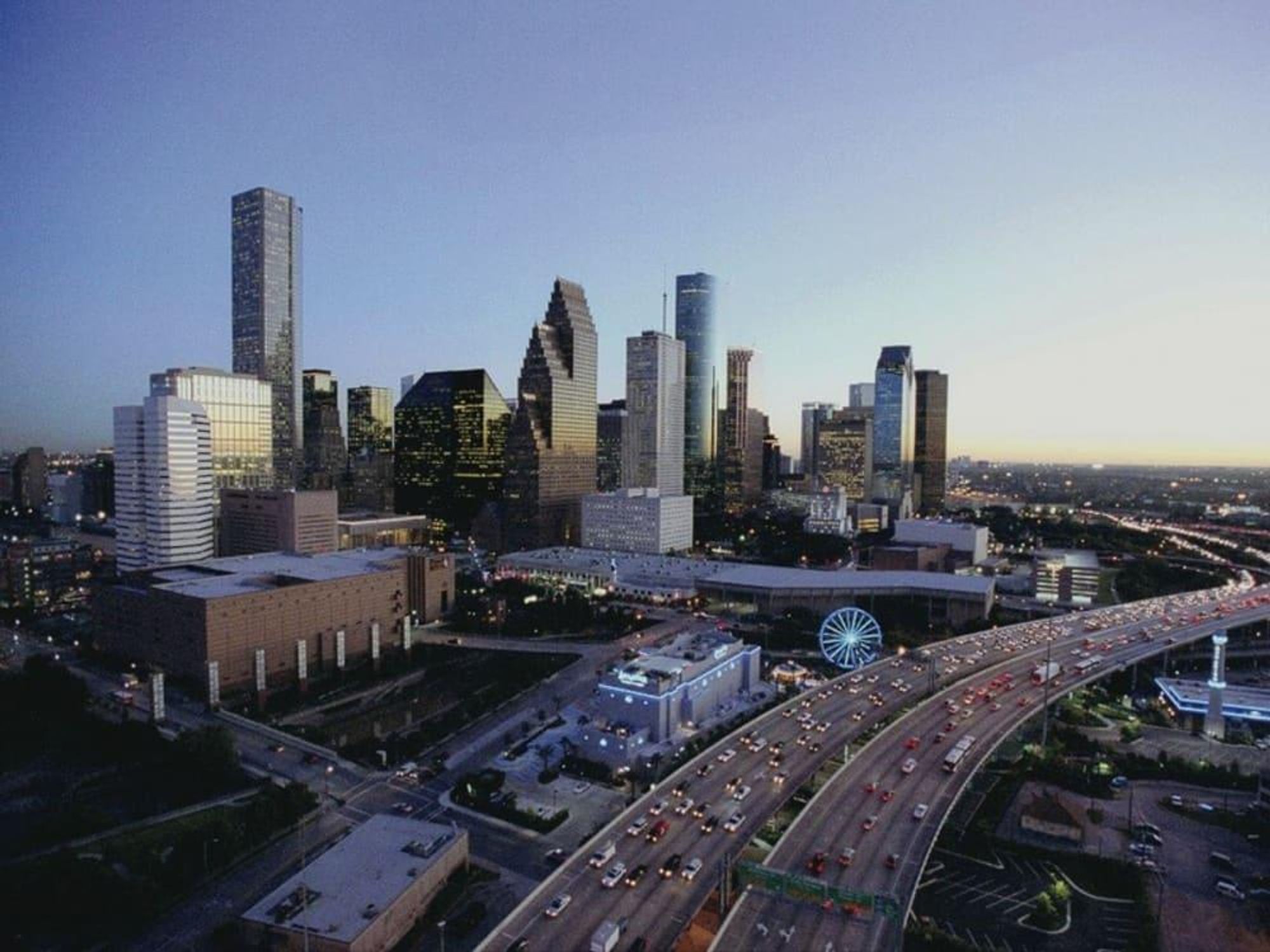 Houston skyline freeway aerial