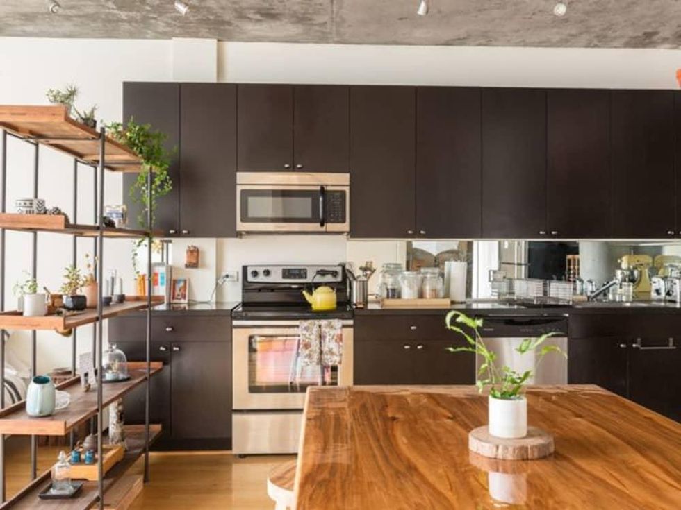 Houzz kitchen with wood floor and wood island