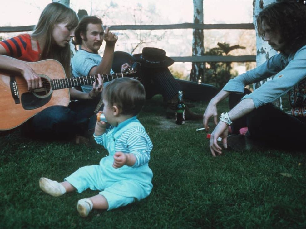 Joni Mitchell, David Crosby, and Eric Clapton at Mama Cass' house