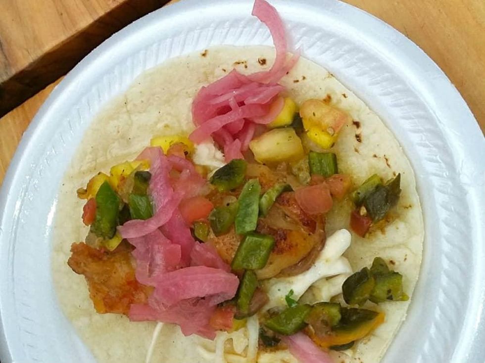 Lemon curry barbecue shrimp tacos from La Cantera.