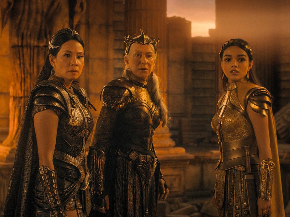 Lucy Liu, Helen Mirren, and Rachel Zegler in Shazam! Fury of the Gods
