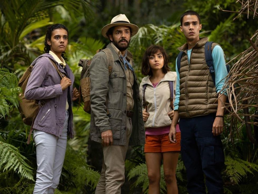 Madeleine Madden, Eugenio Derbez, Isabela Moner, and Jeff Wahlberg in Dora and the Lost City of Gold