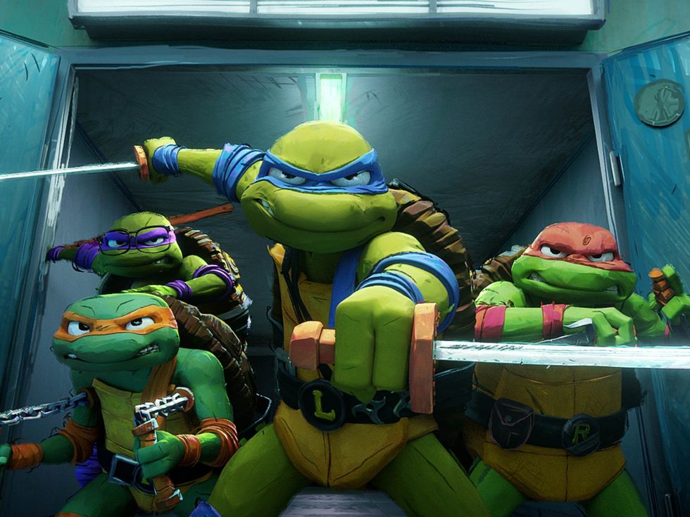 Michelangelo, Donatello, Leonardo, and Raphael in Teenage Mutant Ninja Turtles: Mutant Mayhem