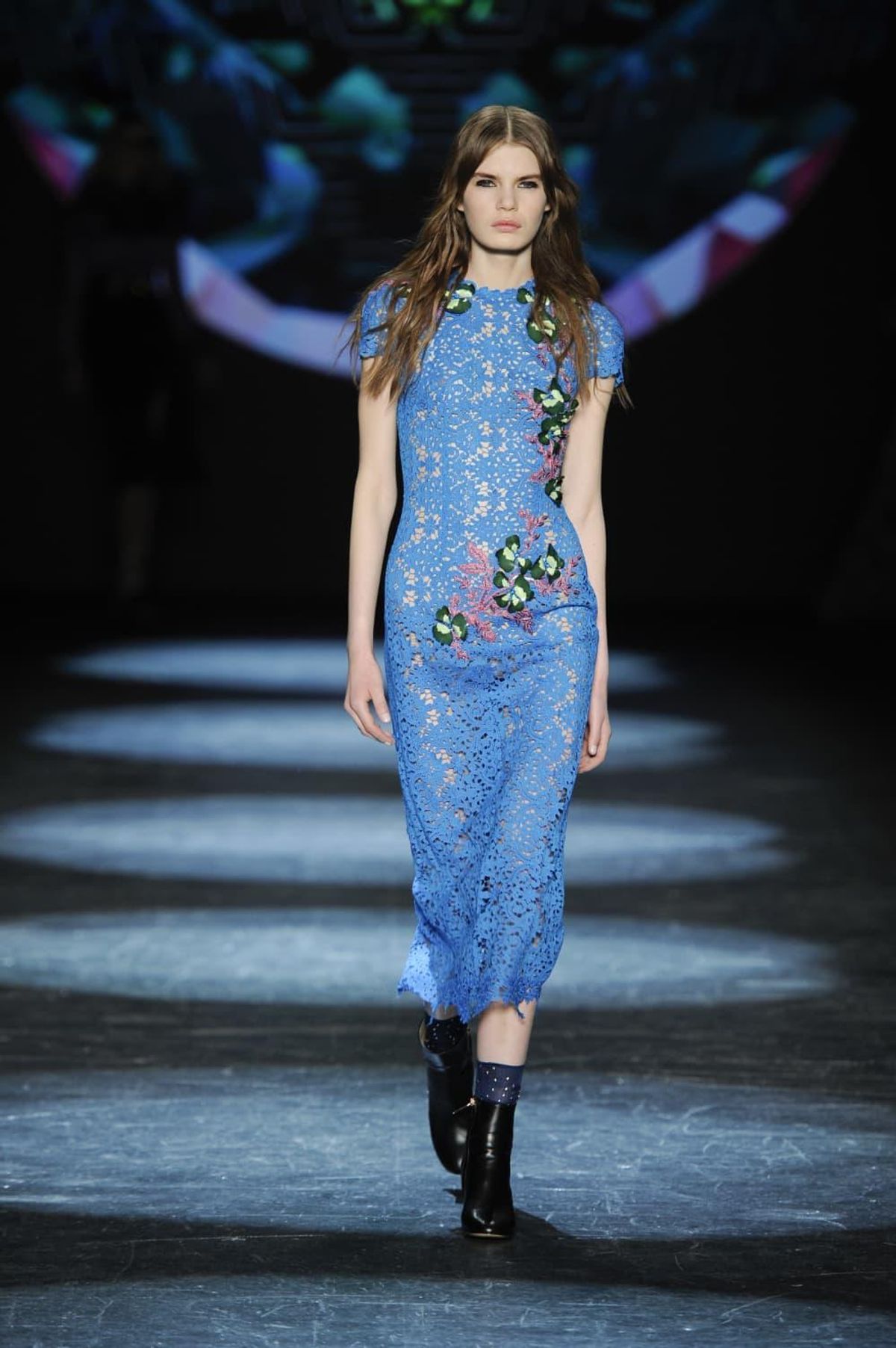 Monique Lhuillier blue bell guipure lace short-sleeve sheath dress with  lacquer floral embellishment, $4,495, at moniquelhuillier.com [http://www. moniquelhuillier.com/shop/categories/runway]. - CultureMap San Antonio