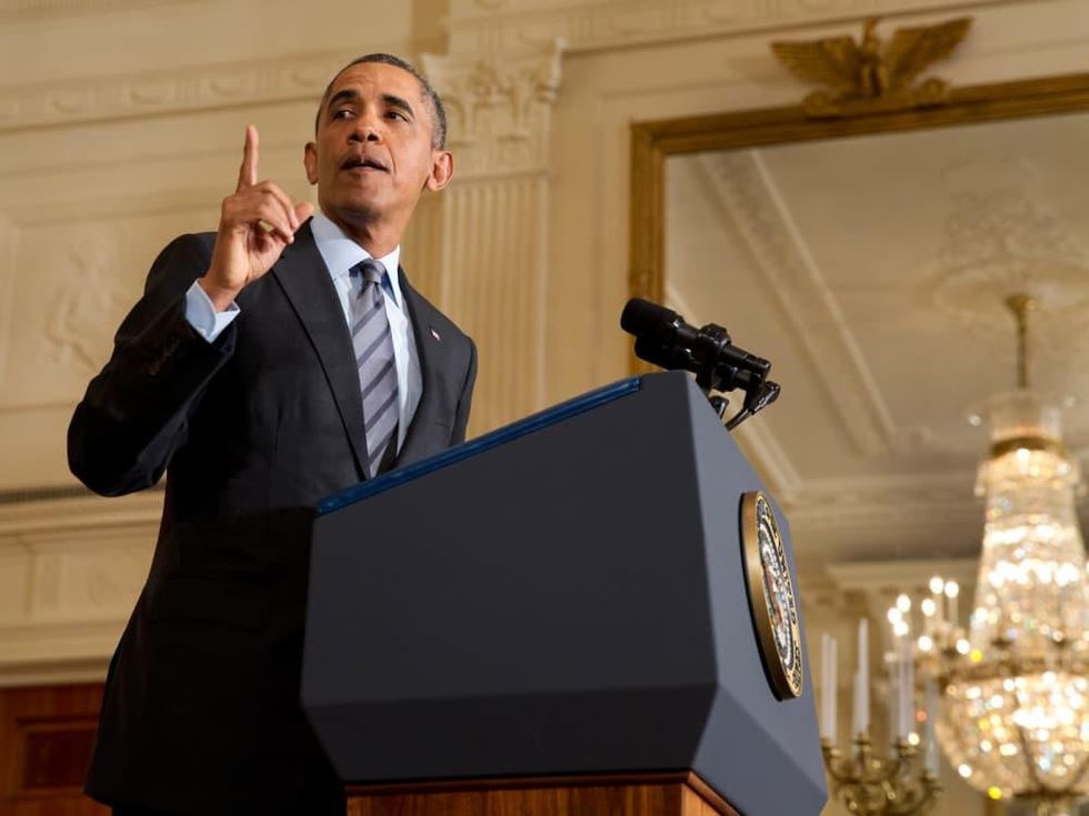 President Barack Obama speaking in East Room White House January 2014