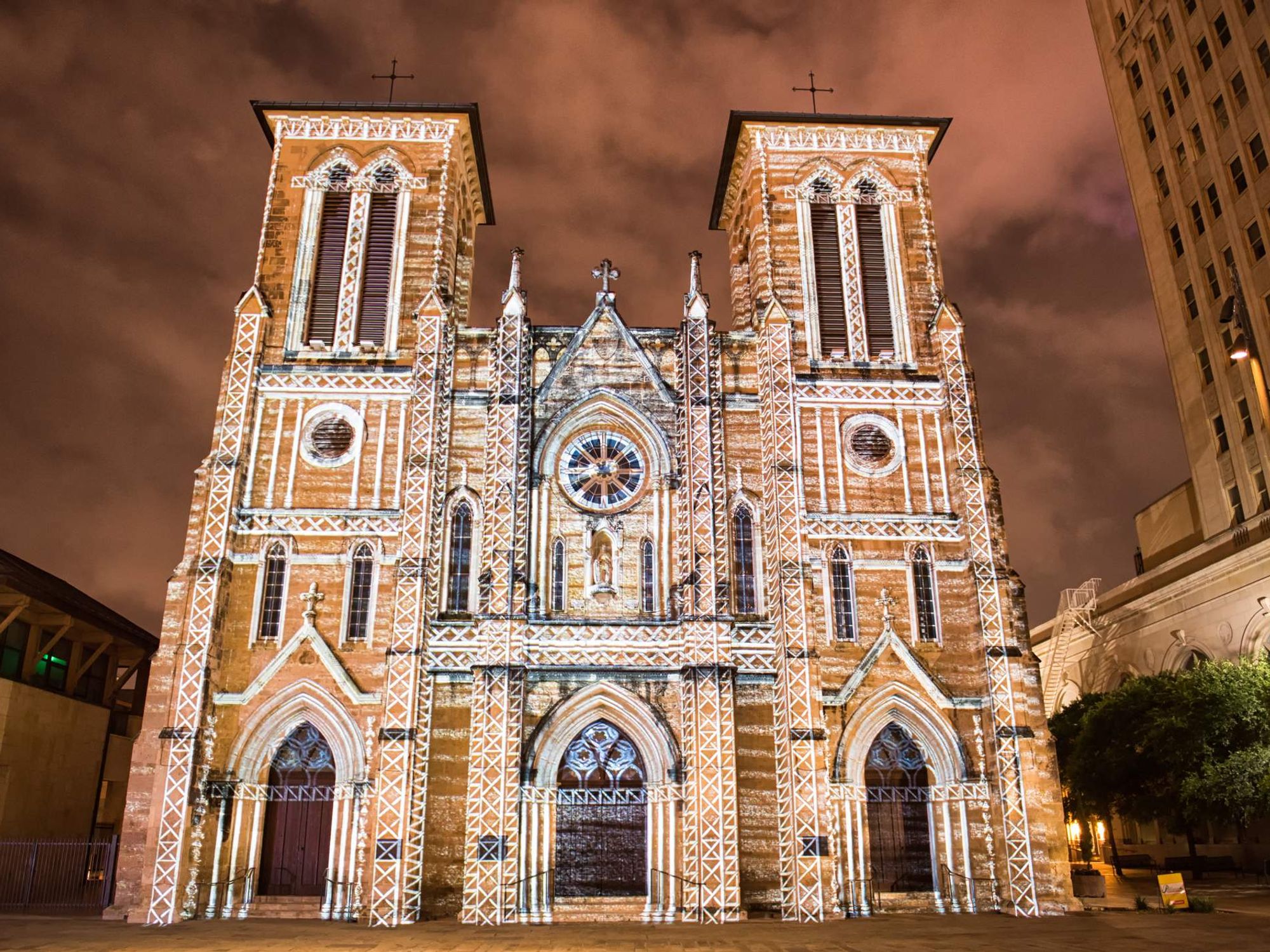 San Antonio - San Fernando Mission Light Show at night