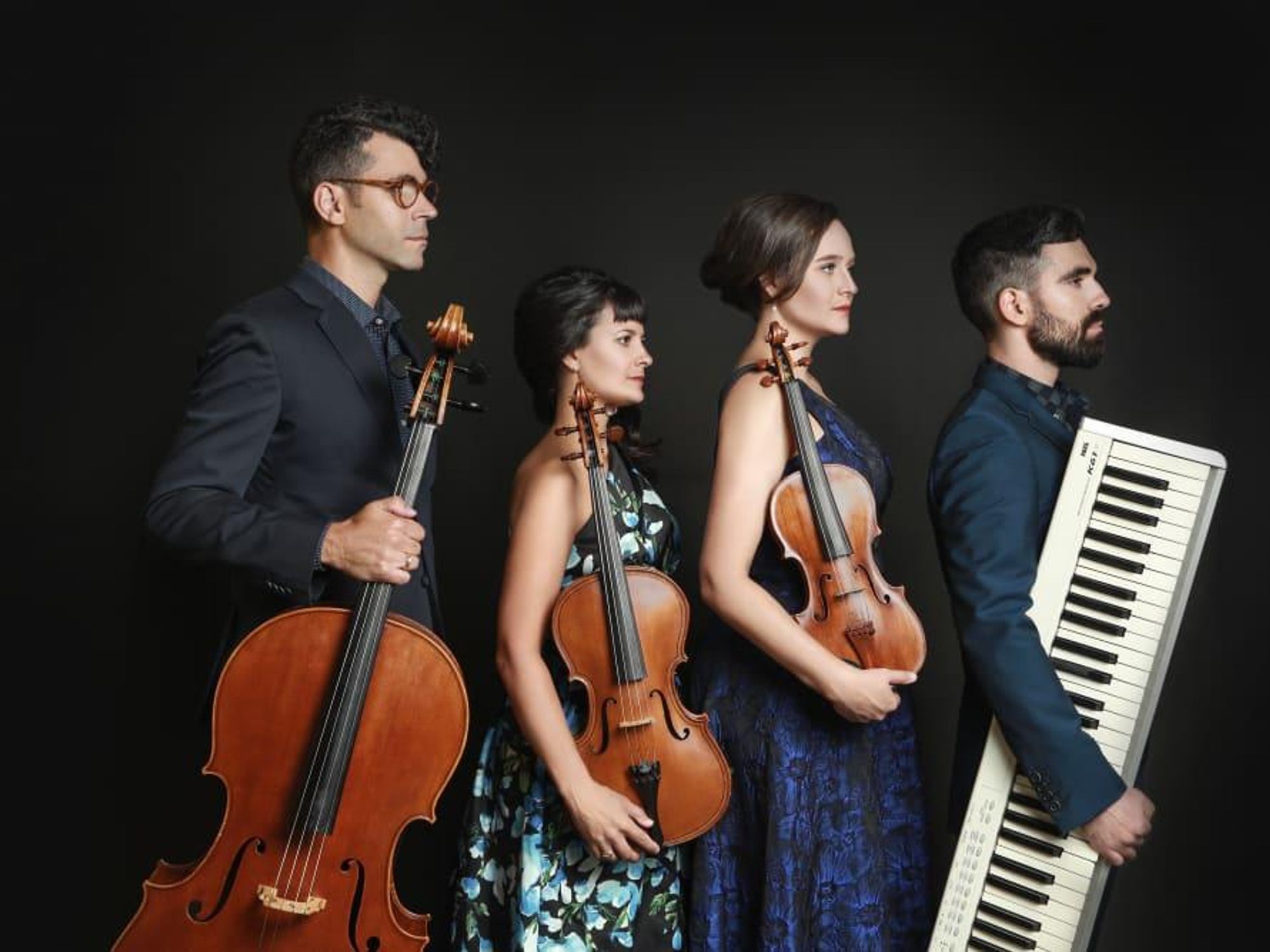 The four members of the Agarita chamber quartet line up with their instruments.