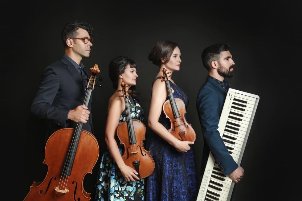 The four members of the Agarita chamber quartet line up with their instruments.