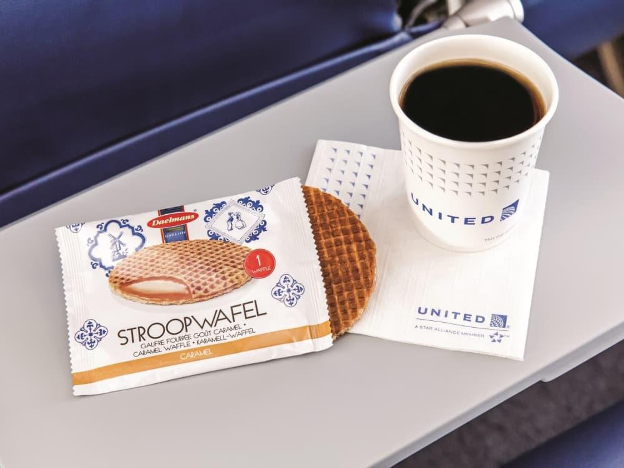 United Airlines free snacks morning stroopwafel